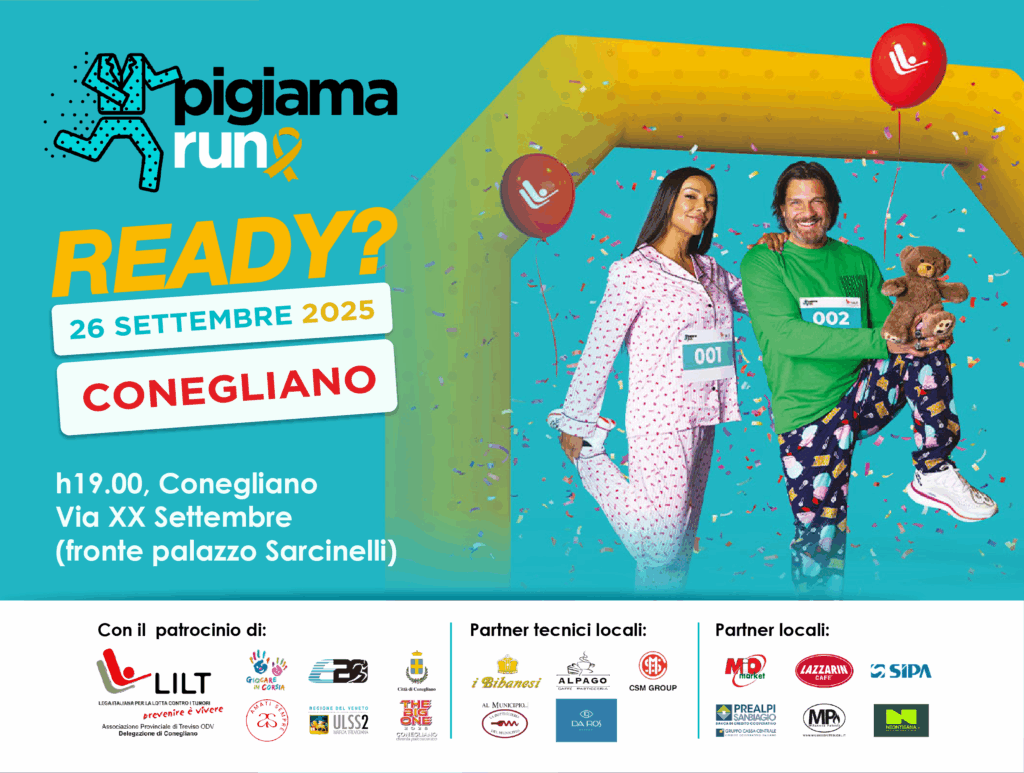Pigiama Run Conegliano 2025 – coppia di partecipanti in pigiama sotto arco giallo con palloncini rossi LILT, evento solidale del 26 settembre in Via XX Settembre.